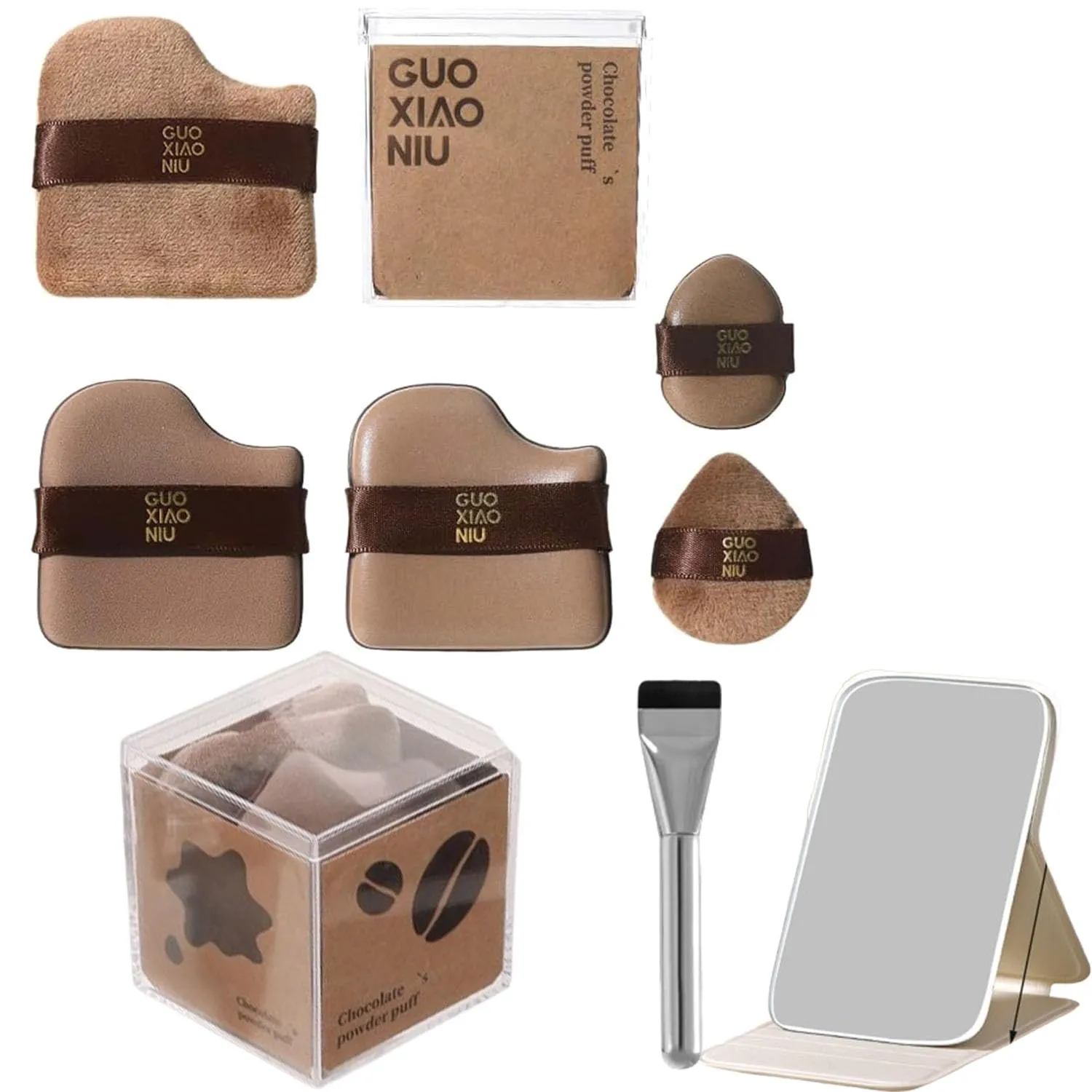 1 Box of 6 PCS Guoxiaoniu Makeup Puff, Chocolate Biscuit Powder Puff, Guo Xiao Niu Makeup ,Guoxiaoniu Chocolate Color Quick  Foundation  Set (1set)
