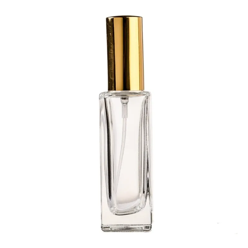 30ml Clear Glass Square Base Perfume Bottle with White Spray & Gold Cap (18/410)