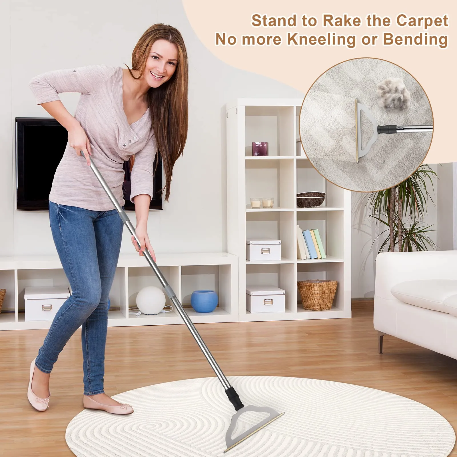47“ Adjustable Long Handle Carpet Rake Pet Hair Remover, Reusable Large Metal Lint Remover Brush for Embedded Fur Removal from Low Pile Rugs Stairs, Carpet Brush Scraper Dog Cat Hair Remover Broom