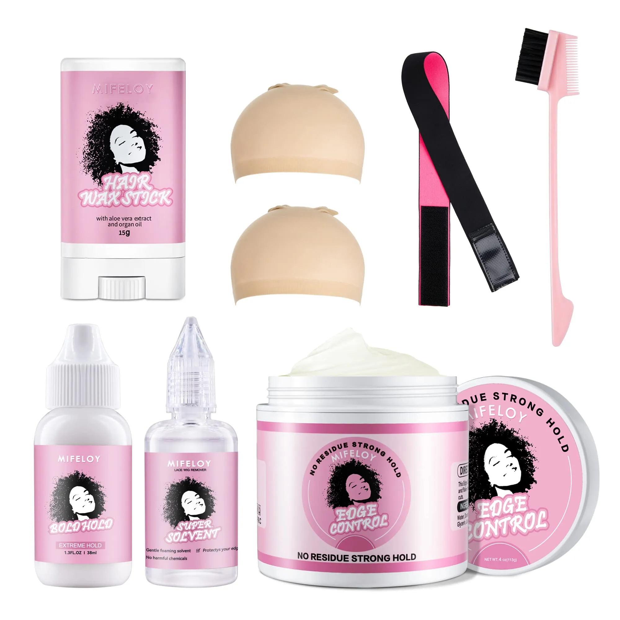 8 Pcs Wigs Kit for Beginners Women Girls Cosplay, Invisible Front Lace Wig Glue, Wig Glue Remover, Hair Wax Stick, Styling Edge Control Gel, Elastic Wig Melting Band, Wig Caps, Pink 3 In 1 Edge Brush