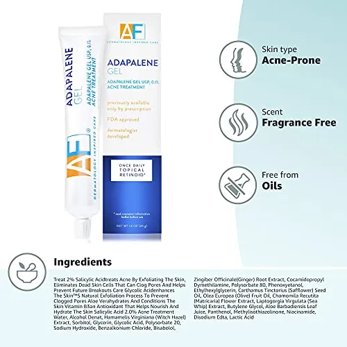 Acne Free Adapalene Gel 0.1%, Once-Daily Topical Retinoid Acne Treatment, 1.6 Ounce