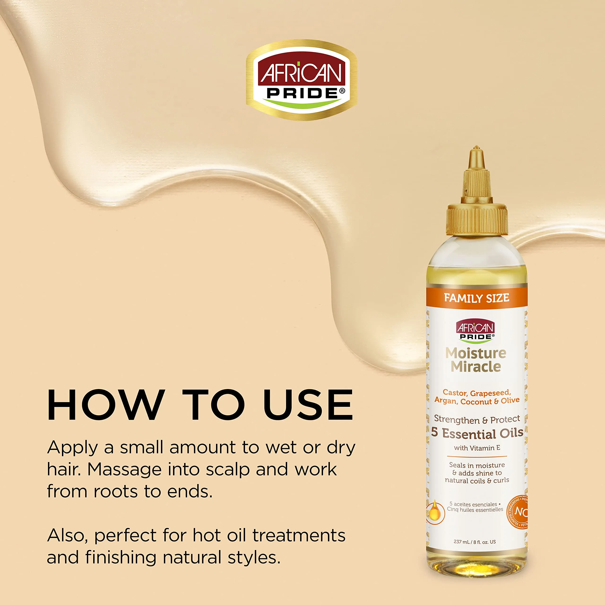 African Pride Moisture Miracle 5 Essential Hair Oils - Contains Castor, Grapeseed, Argan, Coconut & Olive Oil, Seals in Moisture & Adds Shine to Hair, Vitamin E, 8 oz