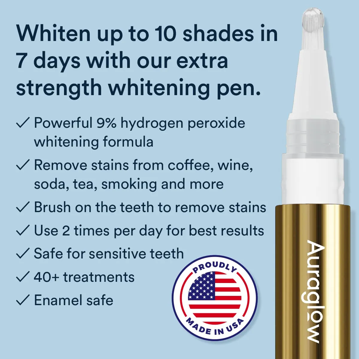 Auraglow Extra Strength Teeth Whitening Pen, 9% Hydrogen Peroxide, 40  Whitening Treatments, Whitens Teeth Fast, No Sensitivity, 4mL Extra Strength Whitening Pen