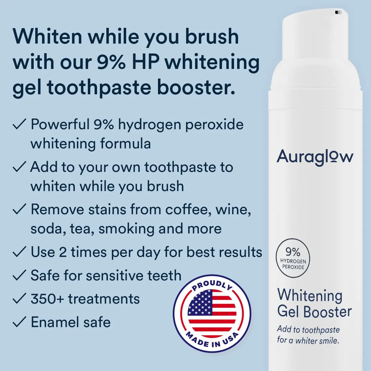 Auraglow Whitening Gel Booster, Add to Toothpaste to Whiten, Teeth Whitening Toothpaste Gel, 9% Hydrogen Peroxide Whitening Gel, 350  Whitening Treatments, 6-Month Supply, 2.6oz