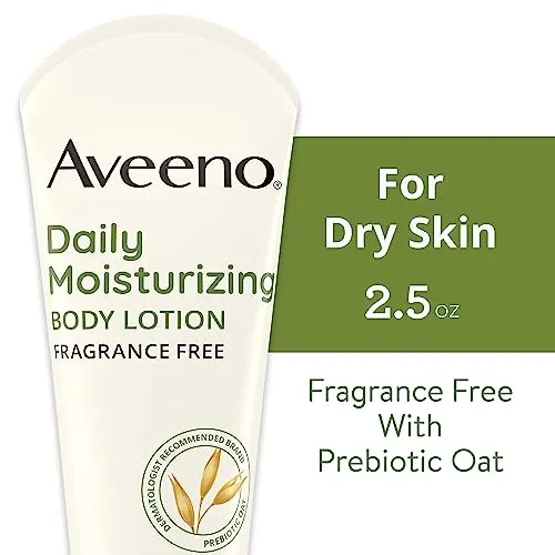 Aveeno Daily Moisturizing Body Lotion with Soothing Prebiotic Oat, Gentle Lotion Nourishes Dry Skin With Moisture, Paraben-, Dye- & Fragrance-Free, Non-Greasy & Non-Comedogenic, 2.5 fl. Oz