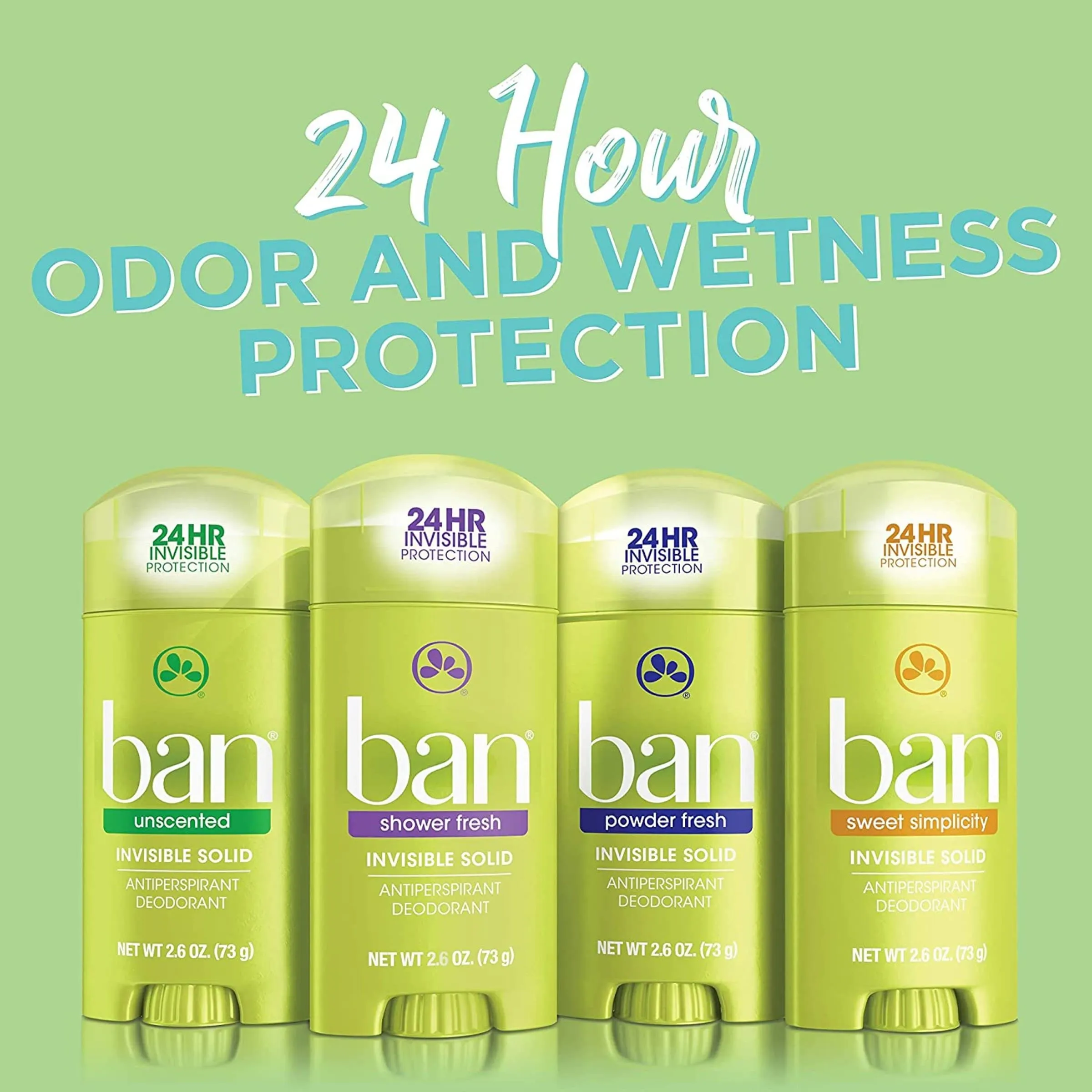 Ban Shower Fresh 24-hour Invisible Antiperspirant, Solid Deodorant for Women and Men, Underarm Wetness Protection, with Odor-fighting Ingredients, 2.6 Ounce (Pack of 4) Ban Shower Fresh, Invisible Solid, 24-hour Antiperspirant, 2.6oz (Pack of 4)