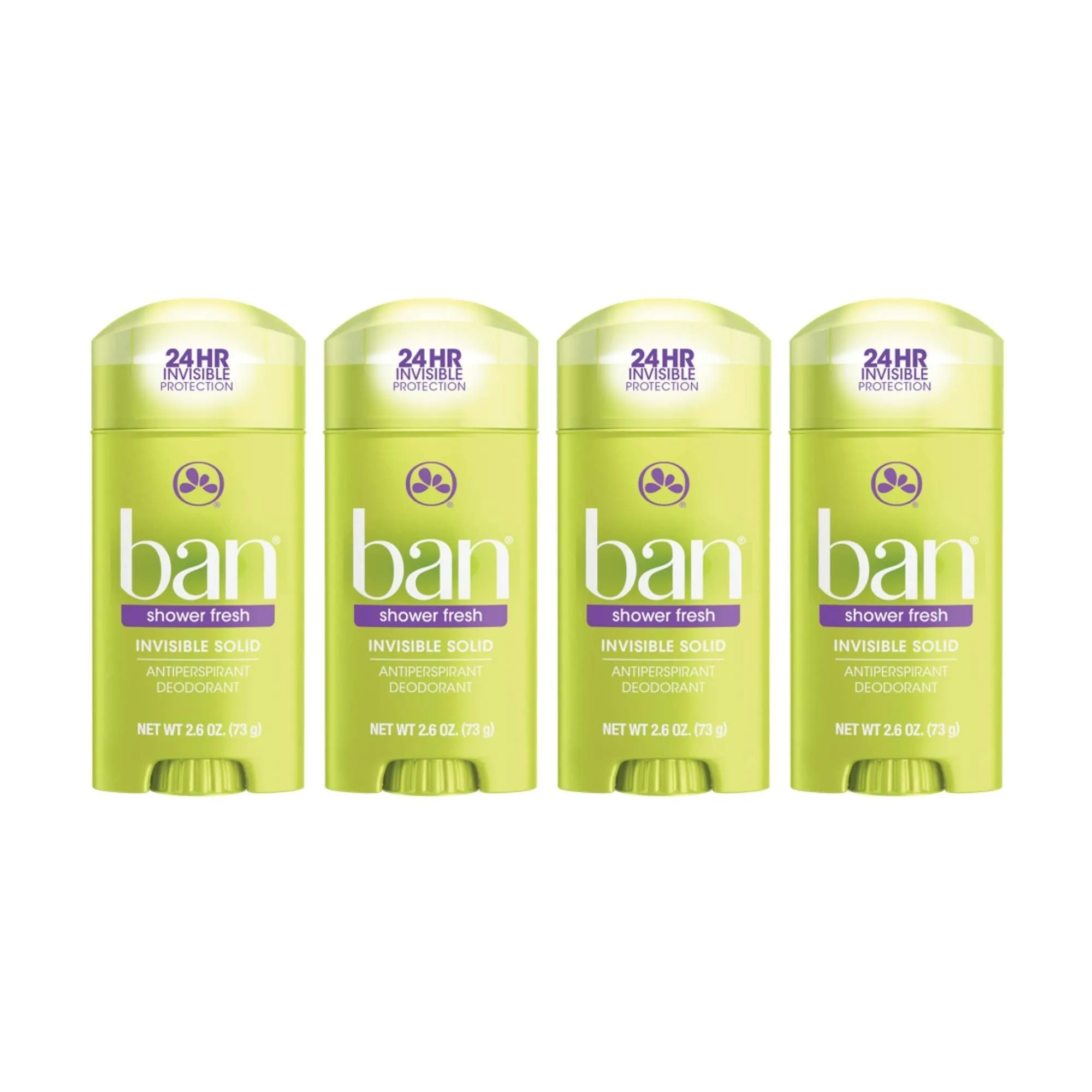 Ban Shower Fresh 24-hour Invisible Antiperspirant, Solid Deodorant for Women and Men, Underarm Wetness Protection, with Odor-fighting Ingredients, 2.6 Ounce (Pack of 4) Ban Shower Fresh, Invisible Solid, 24-hour Antiperspirant, 2.6oz (Pack of 4)