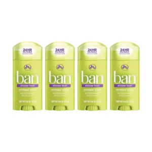 Ban Shower Fresh 24-hour Invisible Antiperspirant, Solid Deodorant for Women and Men, Underarm Wetness Protection, with Odor-fighting Ingredients, 2.6 Ounce (Pack of 4) Ban Shower Fresh, Invisible Solid, 24-hour Antiperspirant, 2.6oz (Pack of 4)