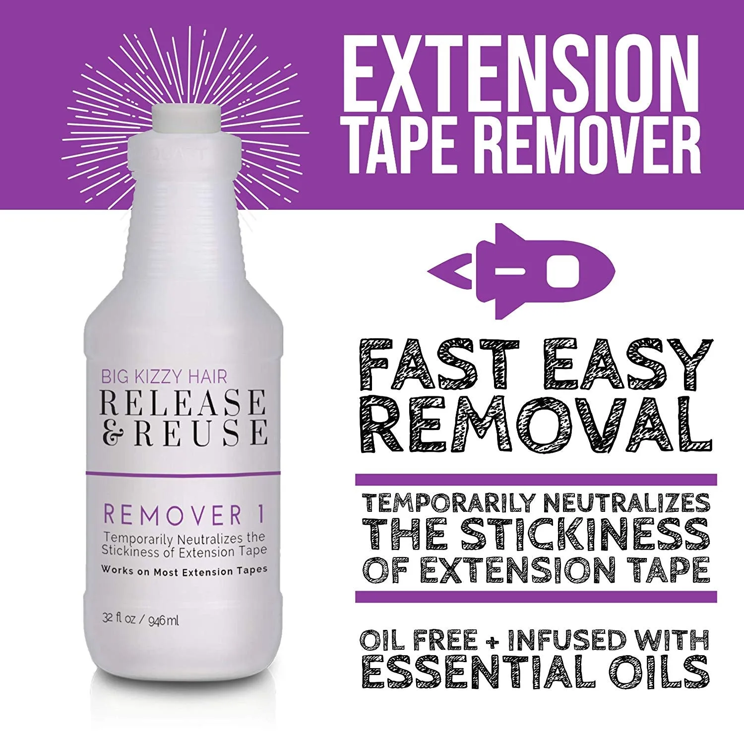 Big Kizzy Remover 1, Release & Reuse, 32oz Salon Size   Free 8oz, Tape In Hair Extension Remover, Tested & Proven Fastest & Easiest Adhesive Remover, Professional Quality