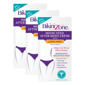 Bikini Zone Medicated After Shave Crème - Instantly Stop Shaving Bumps, Irritation & Itchiness - Gentle Formula Cream for Sensitive Areas - Dermatologist Approved & Stain-Free (1 oz, Pack of 3)