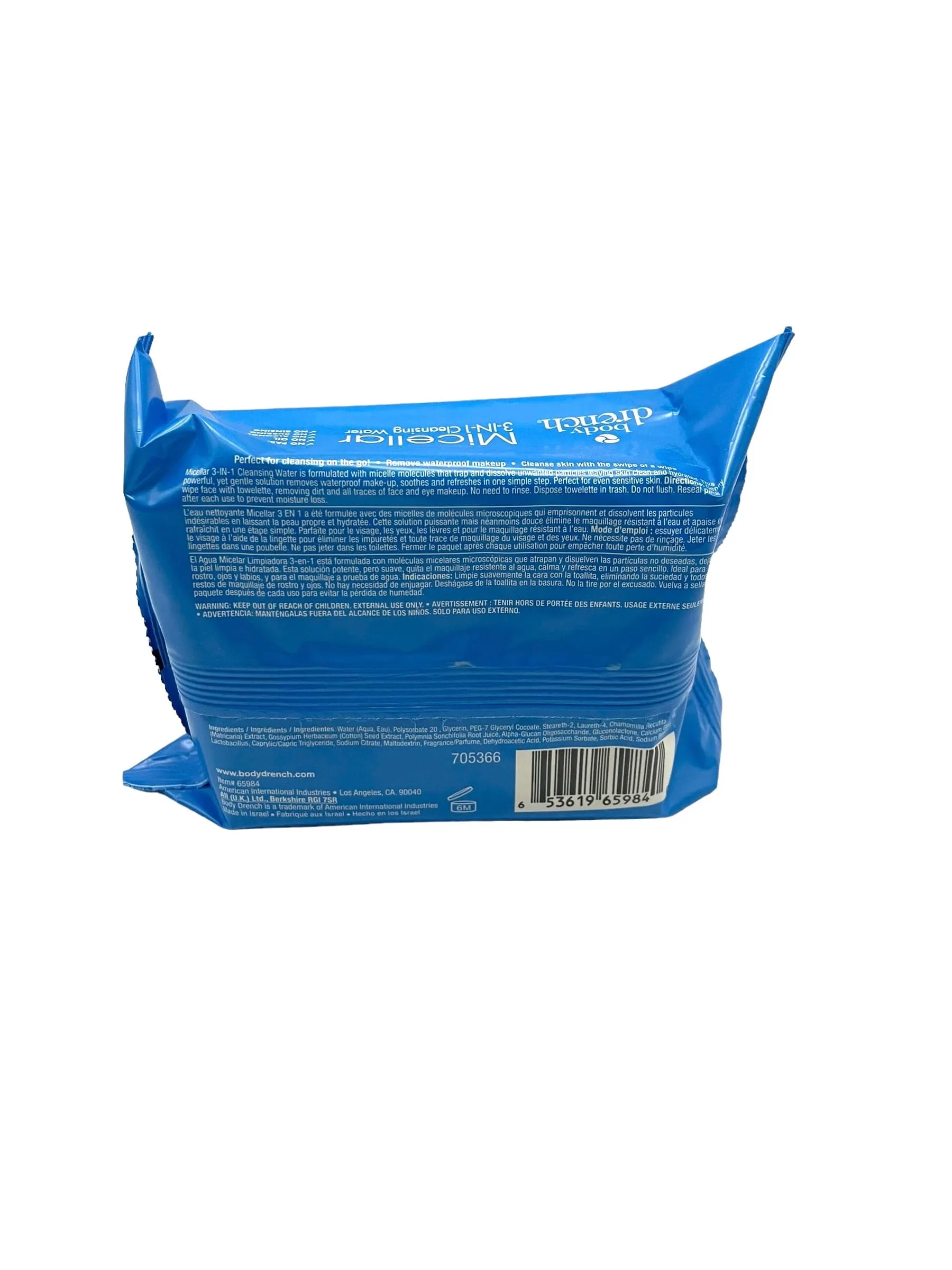 Body Drench 3-IN-1 Micellar Cleansing Water Wipes Makeup Remover 30 pk