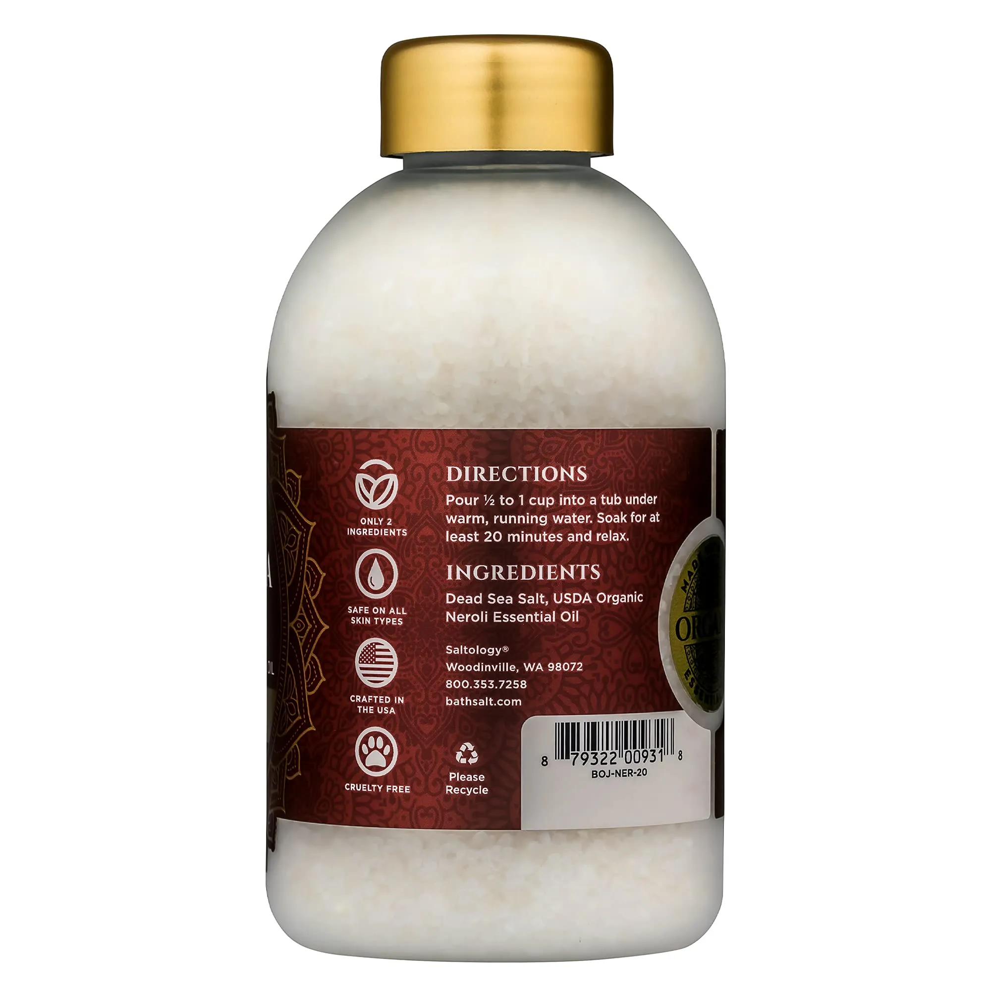 Bokek Bokek Organic Neroli Bath Salt, Dead Sea Salt Scented With Certified Organic Essential Oil, 20 Ounce Jar, White, Neroli, 20 ounces