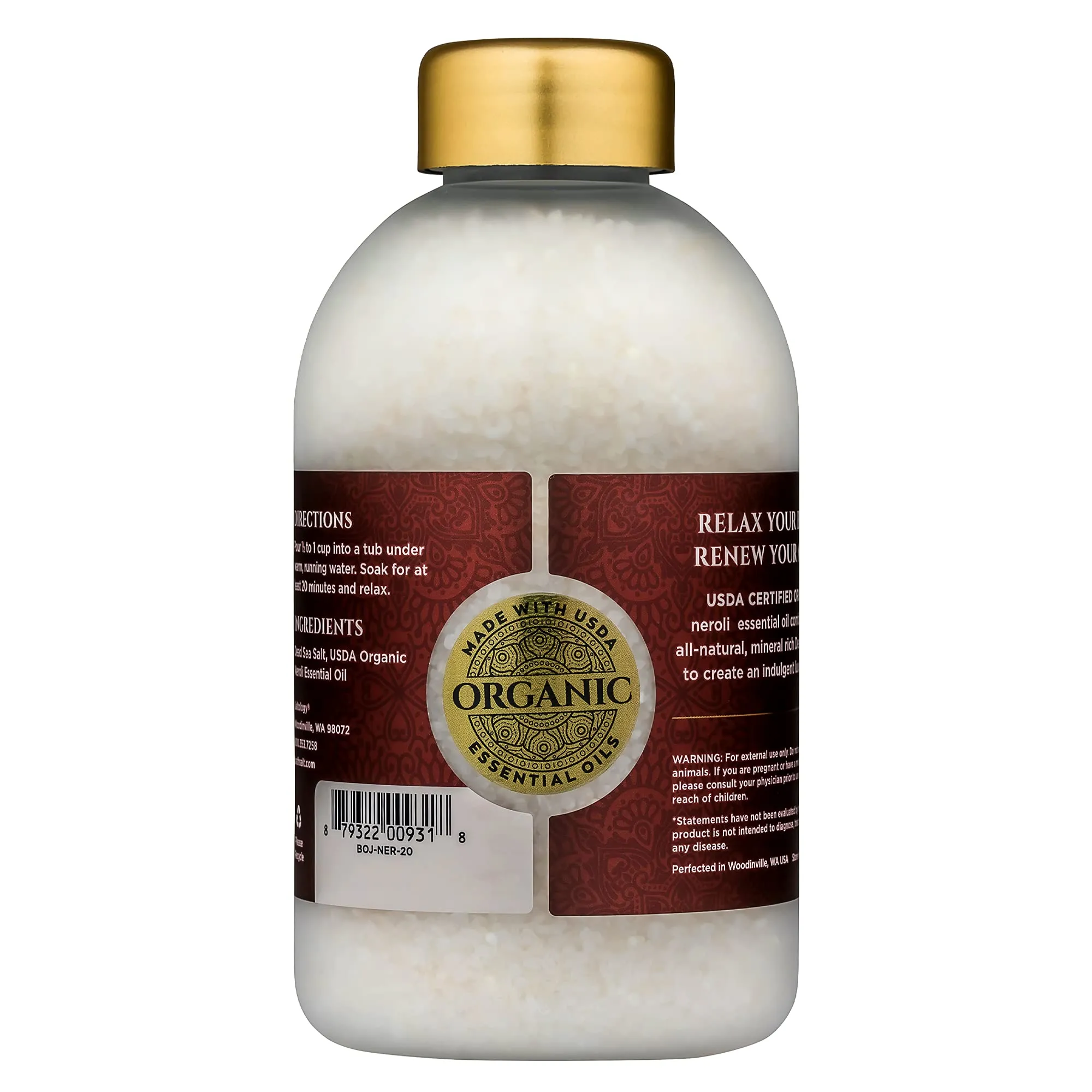 Bokek Bokek Organic Neroli Bath Salt, Dead Sea Salt Scented With Certified Organic Essential Oil, 20 Ounce Jar, White, Neroli, 20 ounces