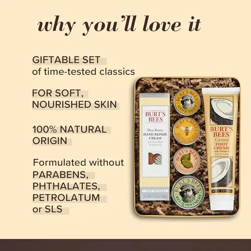 Burt's Bees Gifts Ideas - Classics Set, 6 Products in Giftable Tin – Cuticle Cream, Hand Salve, Lip Balm, Res-Q Ointment, Hand Repair Cream and Foot Cream