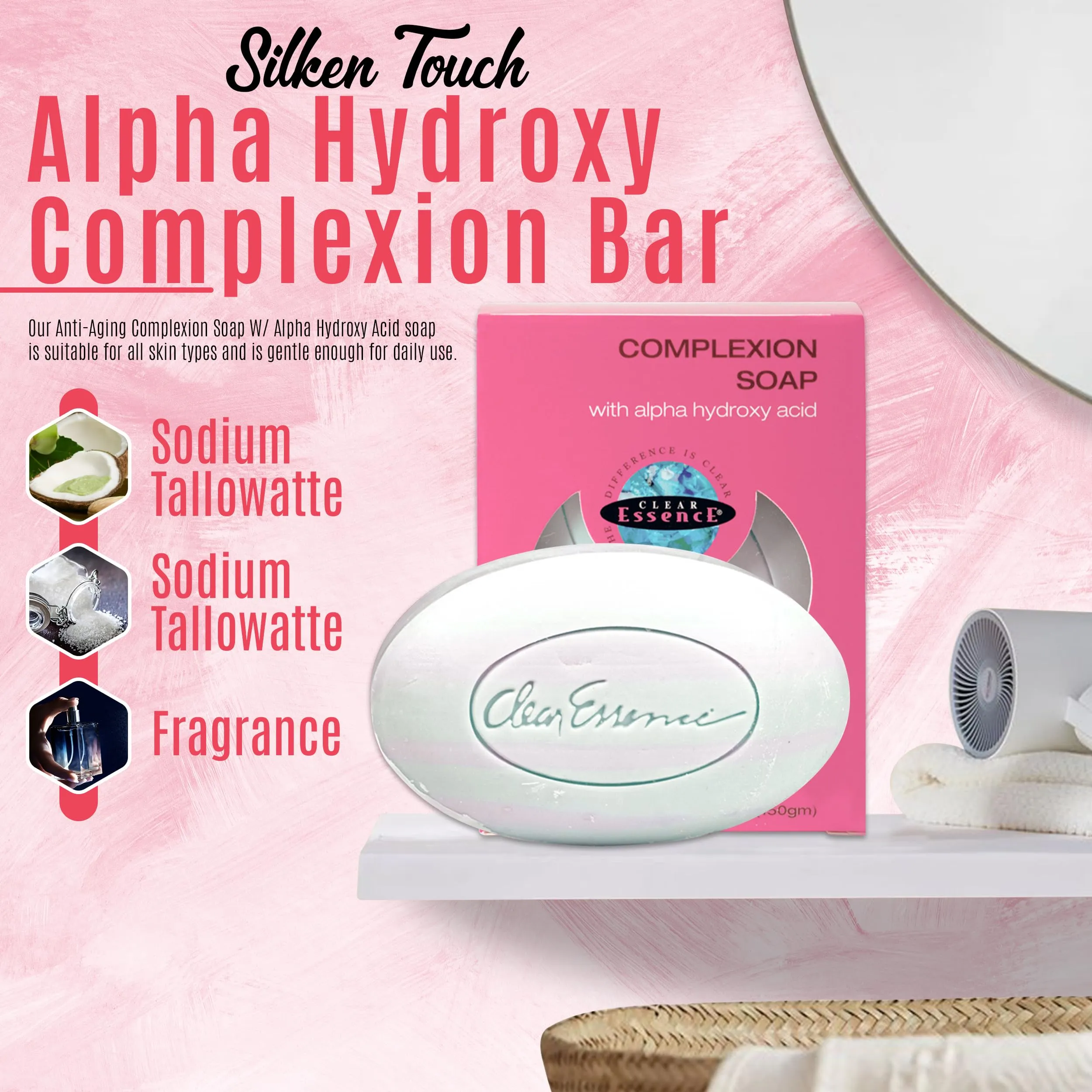 Clear Essence Anti-Aging Complexion Soap W/Alpha Hydroxy Acid - Cleansing and Exfoliating Soap Bar - Anti Aging And Acne Bar - Dermatologist Tested - All Skin Types (5 Oz.)