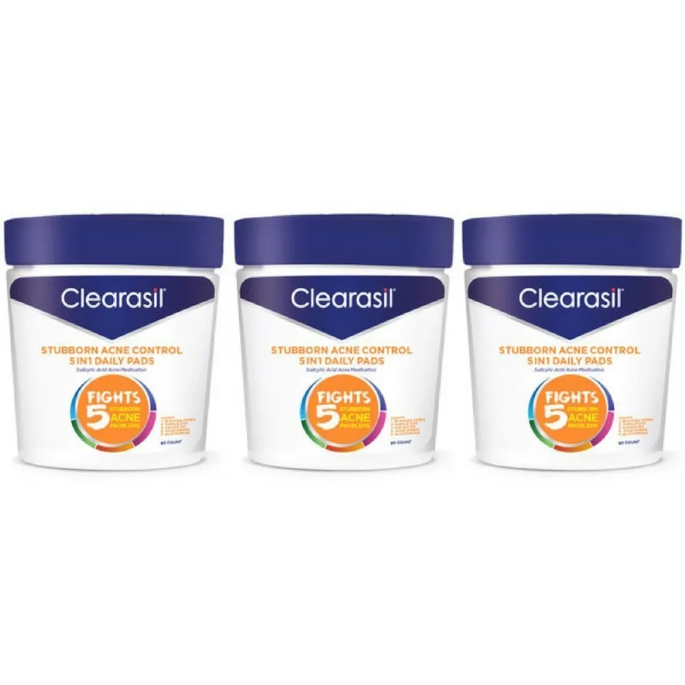 Clearasil Stubborn Acne Control 5in1 Daily Facial Cleansing Pads, 90 Count x Pack of 3