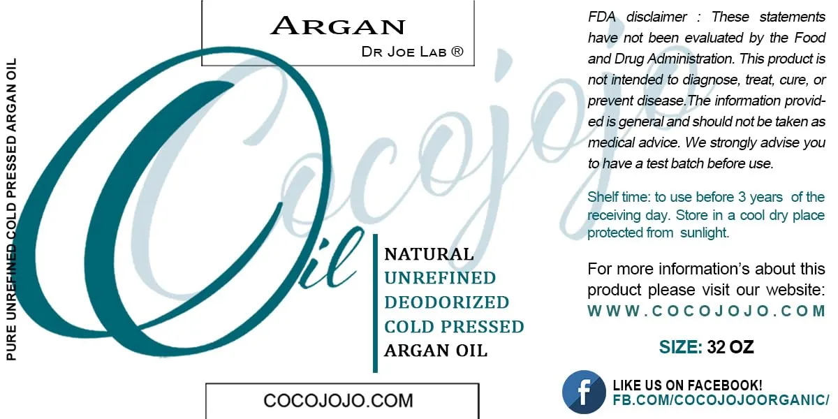 cocojojo Argan Oil Deodorized, Argan Oil for Hair, Hair Treatment Oils, Hair Oils, 100% Pure Argan Oil Organic, Argan Oil for Face, Unrefined Unscented Cold Pressed Extra Virgin - 16 Oz