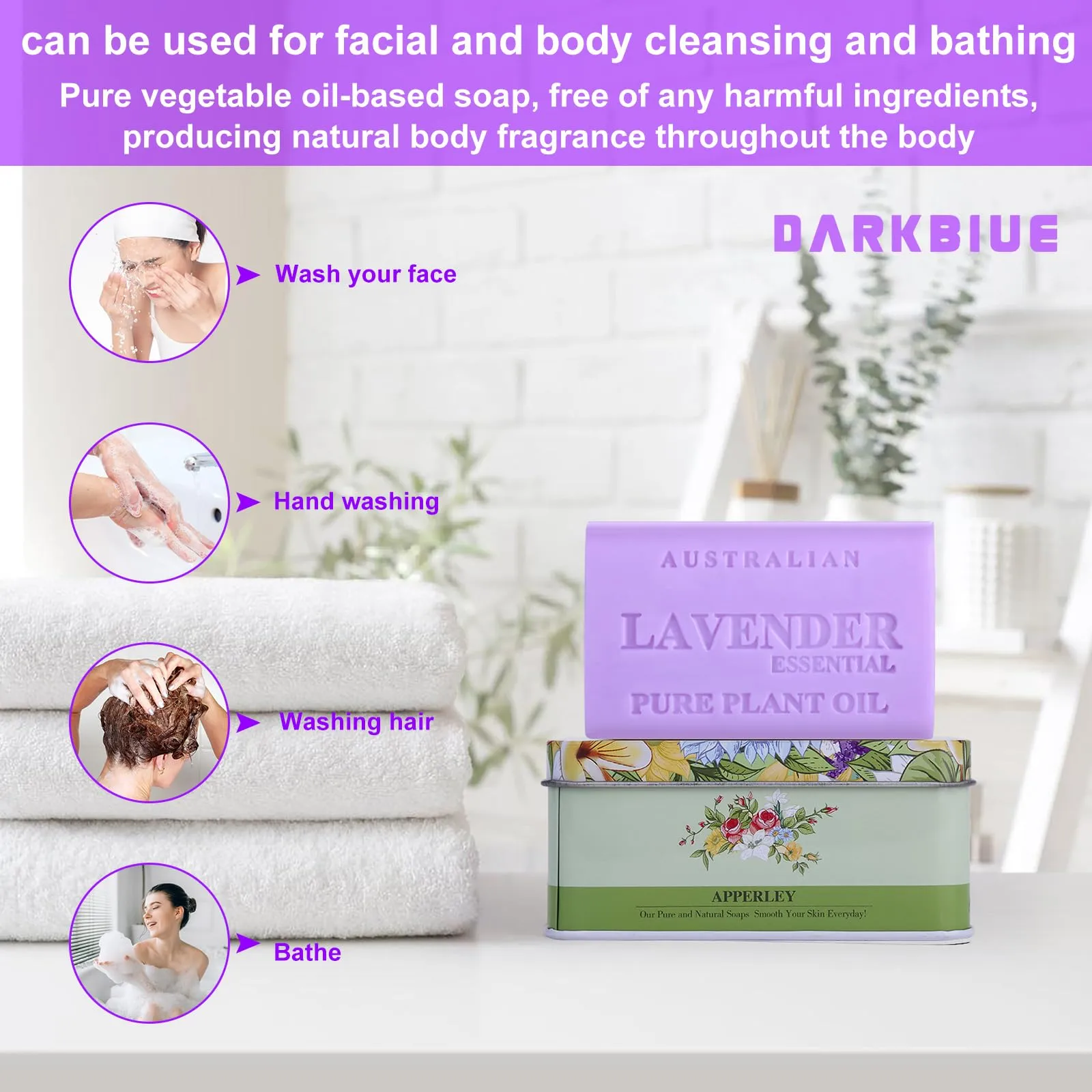 Darkblue-Australian natural soap bar:bath soap bars;body soap bars;great scent(fragrance smell);cleansing well;skin feeling soft;wash hair;shea moisture soap bars;lavender bar soap(Essential Lavender)