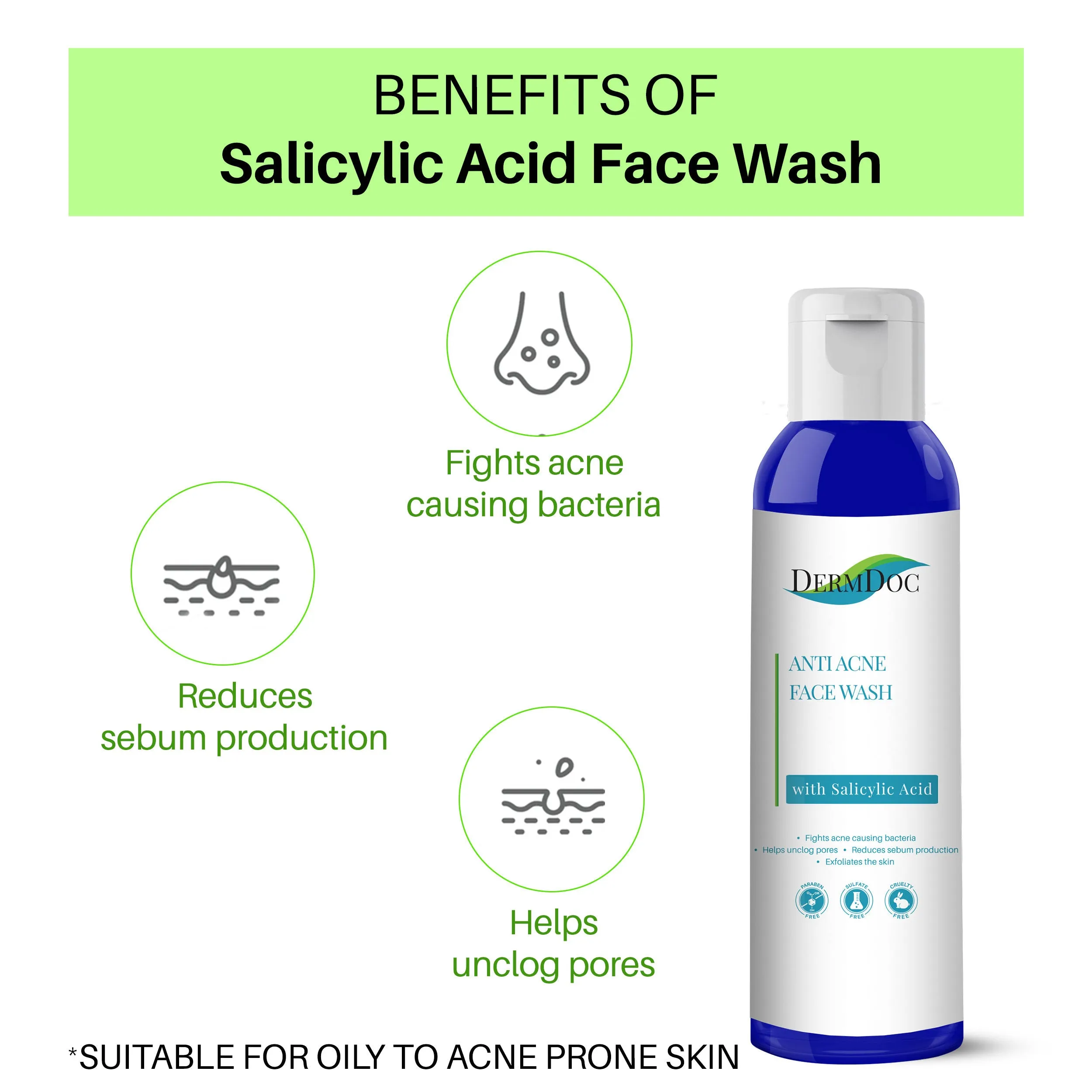 DermDoc Salicylic Acid Face Wash for Acne (200 ml)|For Oily & Acne Prone Skin|Reduces Acne & Blackheads, Regularizes Sebum Production, Evens Skin Texture|Paraben Free, Silicone Free, Sulfate Free, Cruelty Free