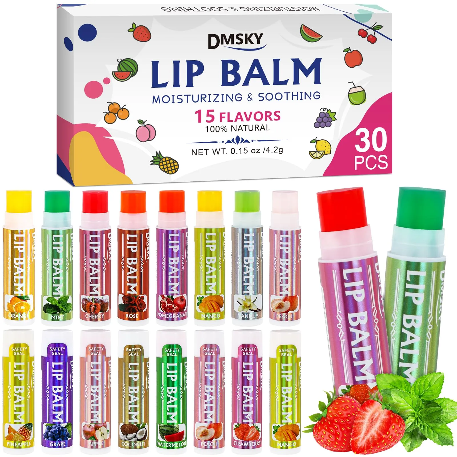 Dmsky Lip Balm 30 Pack, Colorful Lip Balm Bulk with Vitamin E and Coconut Oi, Hydrating Moisturizing Lip Balm Set for Men Women- 15 Flavors