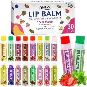 Dmsky Lip Balm 30 Pack, Colorful Lip Balm Bulk with Vitamin E and Coconut Oi, Hydrating Moisturizing Lip Balm Set for Men Women- 15 Flavors