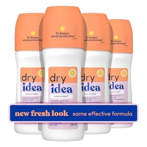 Dry Idea Roll-On Deodorant & Antiperspirant | 2X Longer Sweat Protection | 72-Hour Odor Protection | Unscented & Hypoallergenic for Sensitive Skin, 3.25 oz. (4-Pack)
