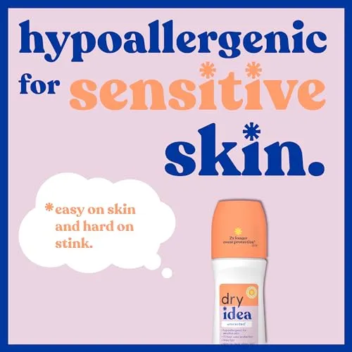 Dry Idea Roll-On Deodorant & Antiperspirant | 2X Longer Sweat Protection | 72-Hour Odor Protection | Unscented & Hypoallergenic for Sensitive Skin, 3.25 oz. (4-Pack)