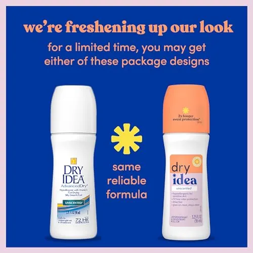 Dry Idea Roll-On Deodorant & Antiperspirant | 2X Longer Sweat Protection | 72-Hour Odor Protection | Unscented & Hypoallergenic for Sensitive Skin, 3.25 oz. (4-Pack)