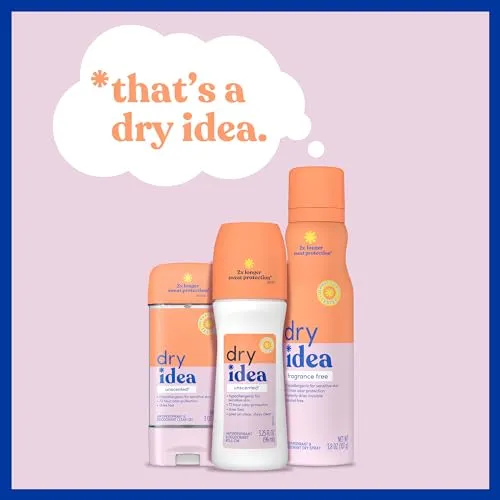 Dry Idea Roll-On Deodorant & Antiperspirant | 2X Longer Sweat Protection | 72-Hour Odor Protection | Unscented & Hypoallergenic for Sensitive Skin, 3.25 oz. (4-Pack)
