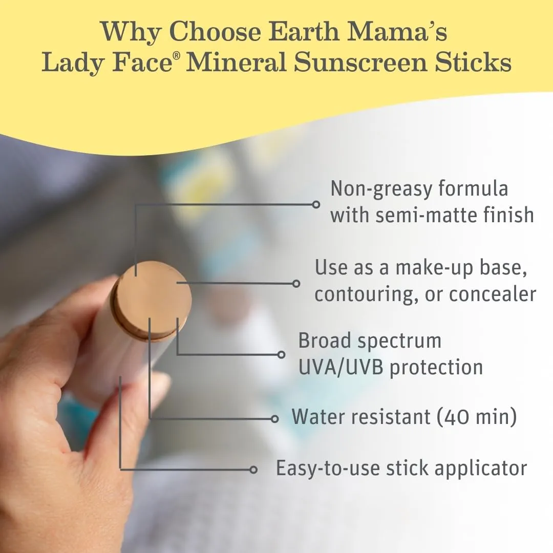 Earth Mama Lady Face Tinted Mineral Sunscreen Stick SPF 40 Set |Contains Certified Organic Shea and Coca Butter | Foundation   Concealer   Contour, Blends with Most Skin Tones, 2-Pack