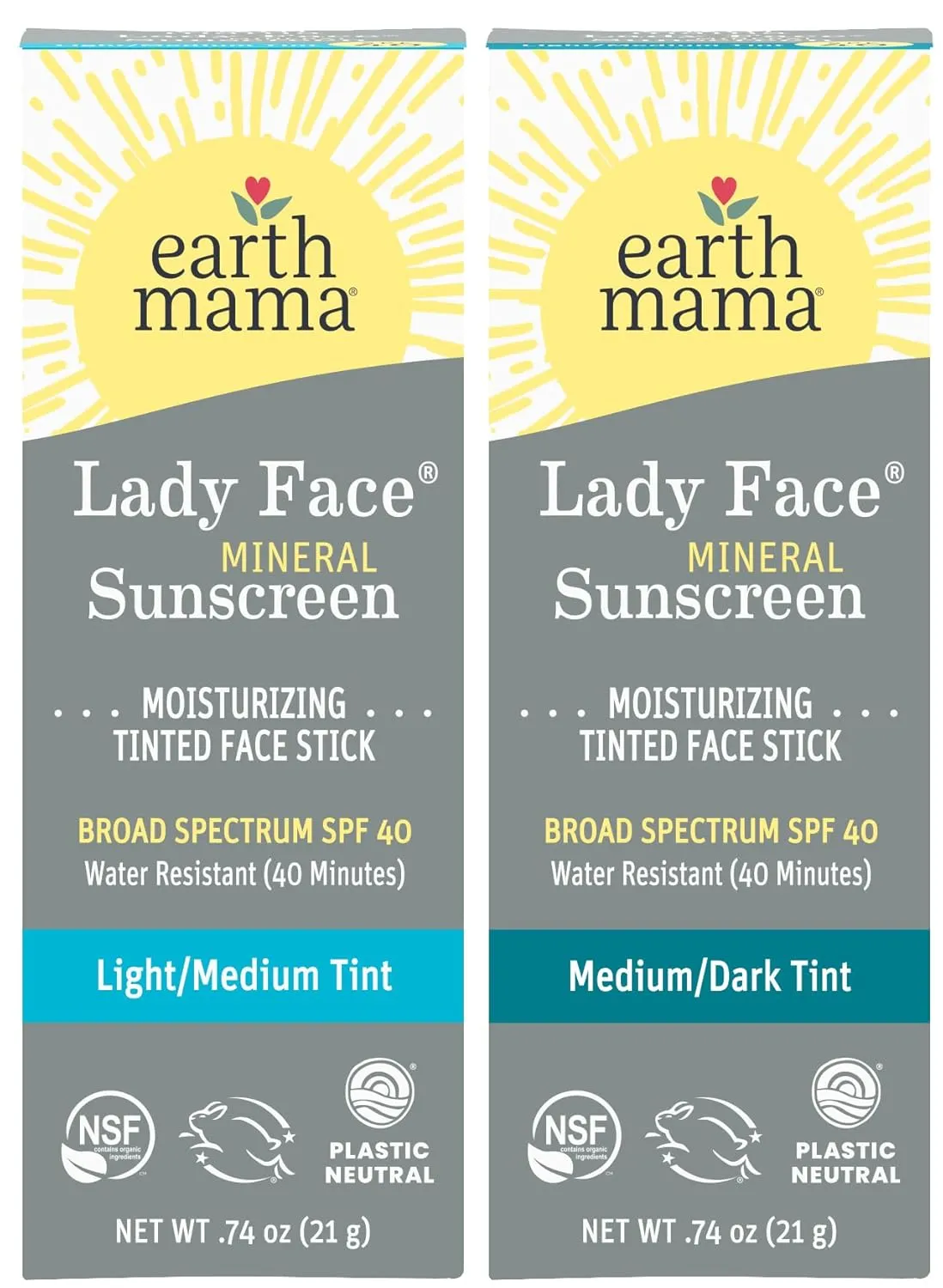 Earth Mama Lady Face Tinted Mineral Sunscreen Stick SPF 40 Set |Contains Certified Organic Shea and Coca Butter | Foundation   Concealer   Contour, Blends with Most Skin Tones, 2-Pack