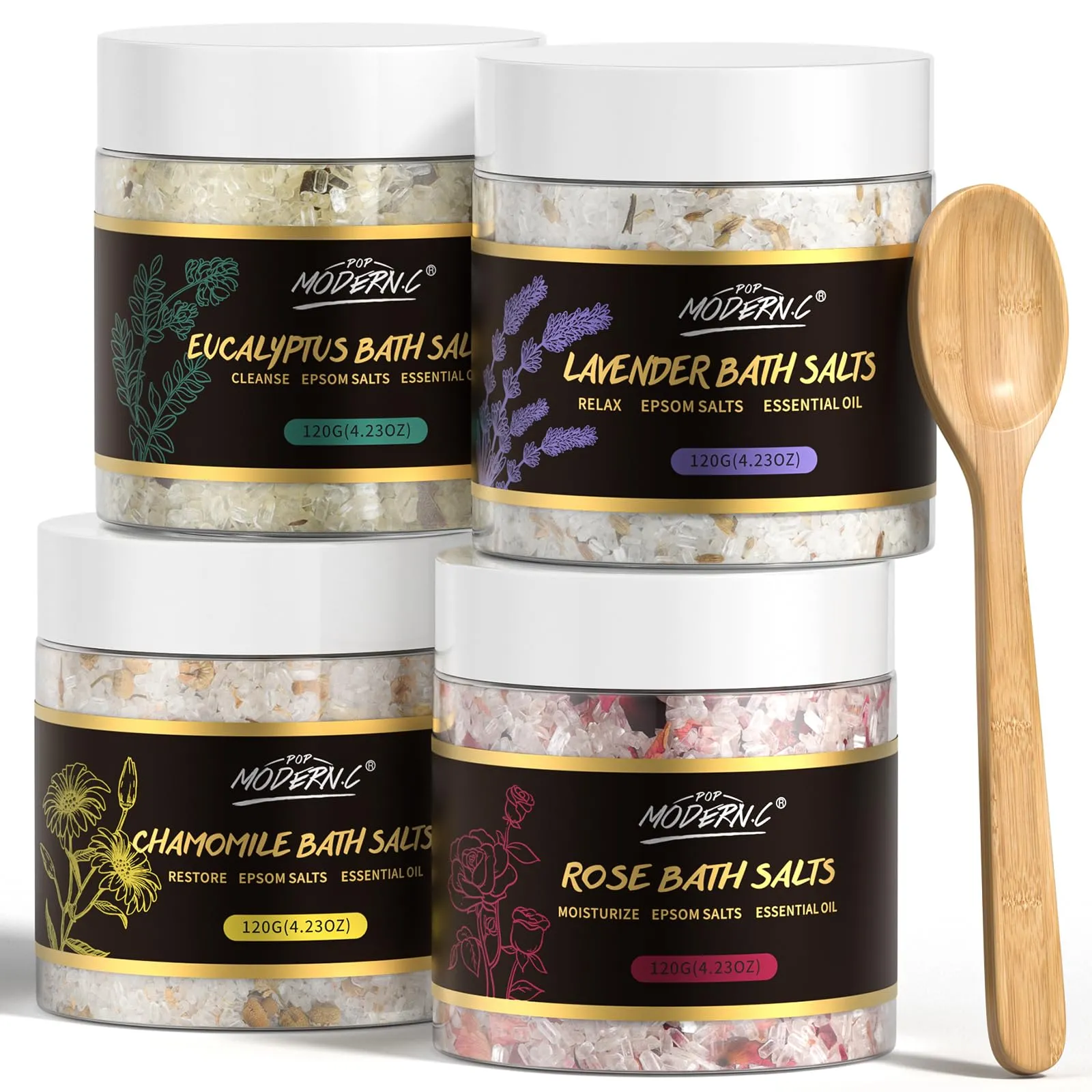 Epsom Bath Salts Gift Set for Soaking 4pcs Bath Salts with Essential Oils for Women Relaxing Lavender Eucalyptus Rose Chamomile Bath Set for Women Luxury Spa Birthday Mother's Day Christmas Gift