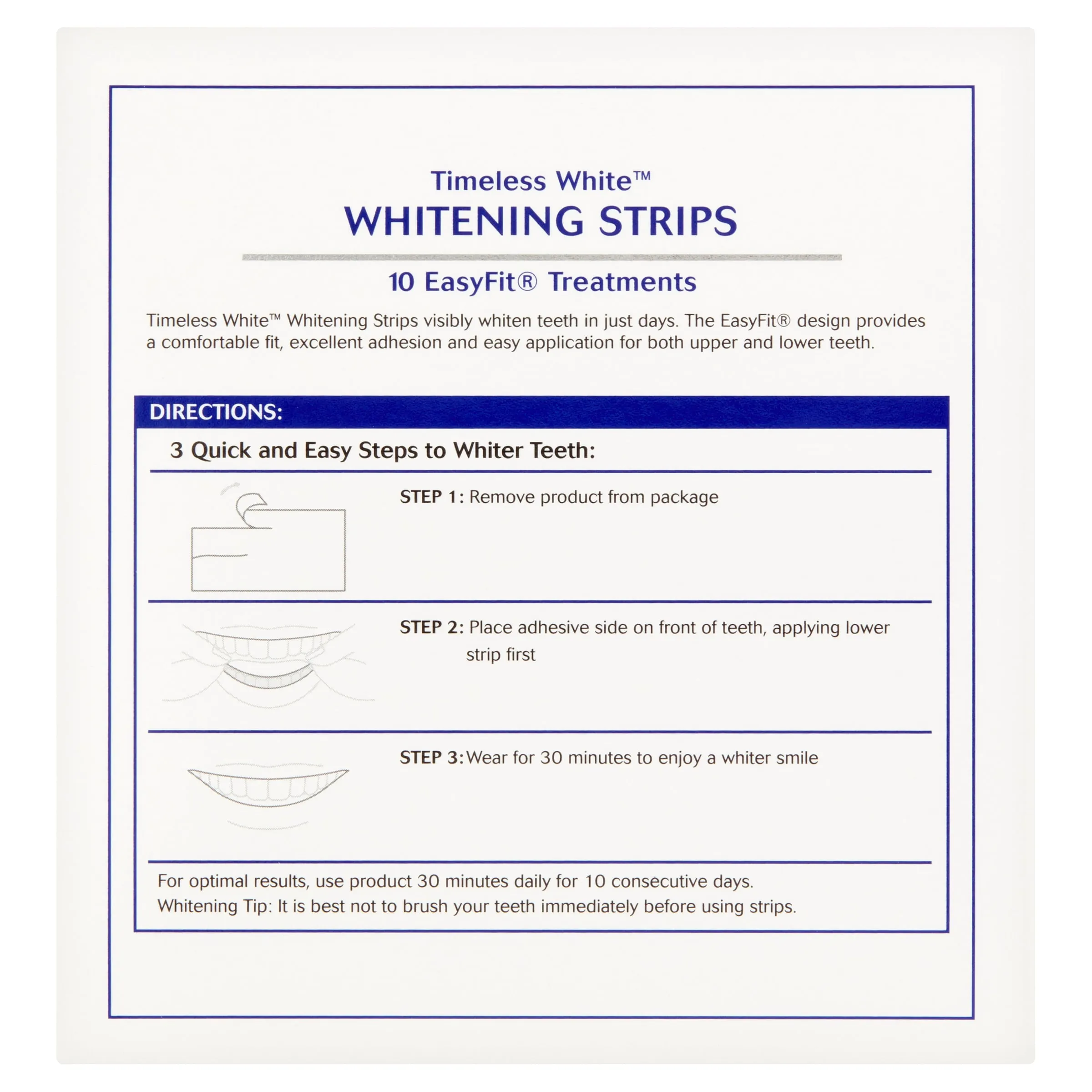 Equate Timeless White Whitening Strips, Enamel-Safe, 20 Whitening Strips (10 Treatments)