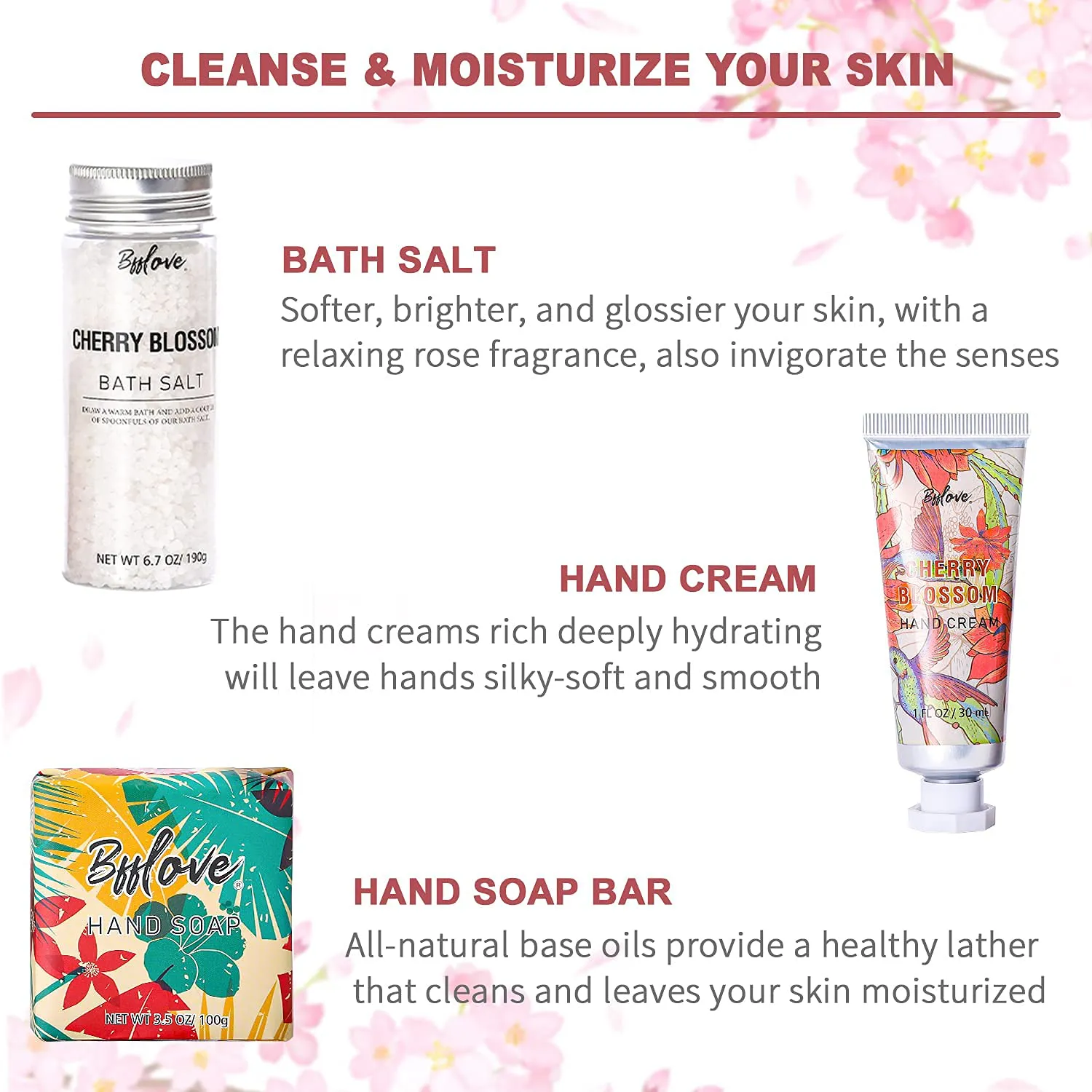 Gifts for Women, Bath and Body Set with Cherry Blossom Scent Spa Gift Set for Her, Including Massage Oil, Scented Candle, Bath Salt, Hand Cream and Soap. Christmas Gifts Box for Women,5 Pcs Bath Set