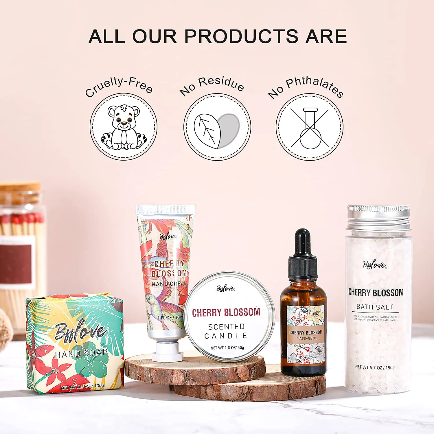 Gifts for Women, Bath and Body Set with Cherry Blossom Scent Spa Gift Set for Her, Including Massage Oil, Scented Candle, Bath Salt, Hand Cream and Soap. Christmas Gifts Box for Women,5 Pcs Bath Set