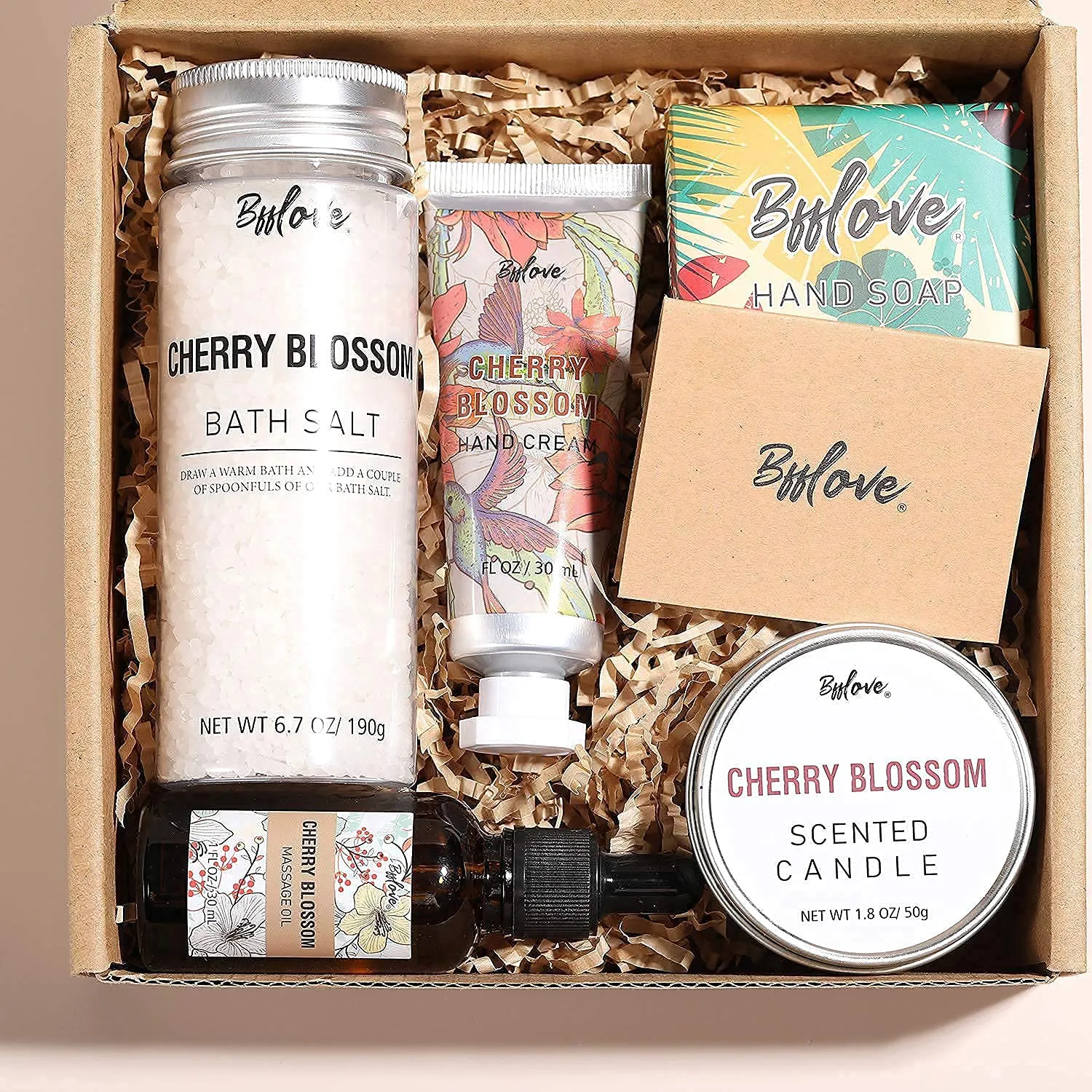 Gifts for Women, Bath and Body Set with Cherry Blossom Scent Spa Gift Set for Her, Including Massage Oil, Scented Candle, Bath Salt, Hand Cream and Soap. Christmas Gifts Box for Women,5 Pcs Bath Set