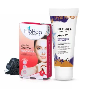 HipHop Blackhead Remover Nose Strips for Women (Activated Charcoal, 6 Strips)   Brightening Mud/Face Mask (Orange Peel Extract, 100 ml)