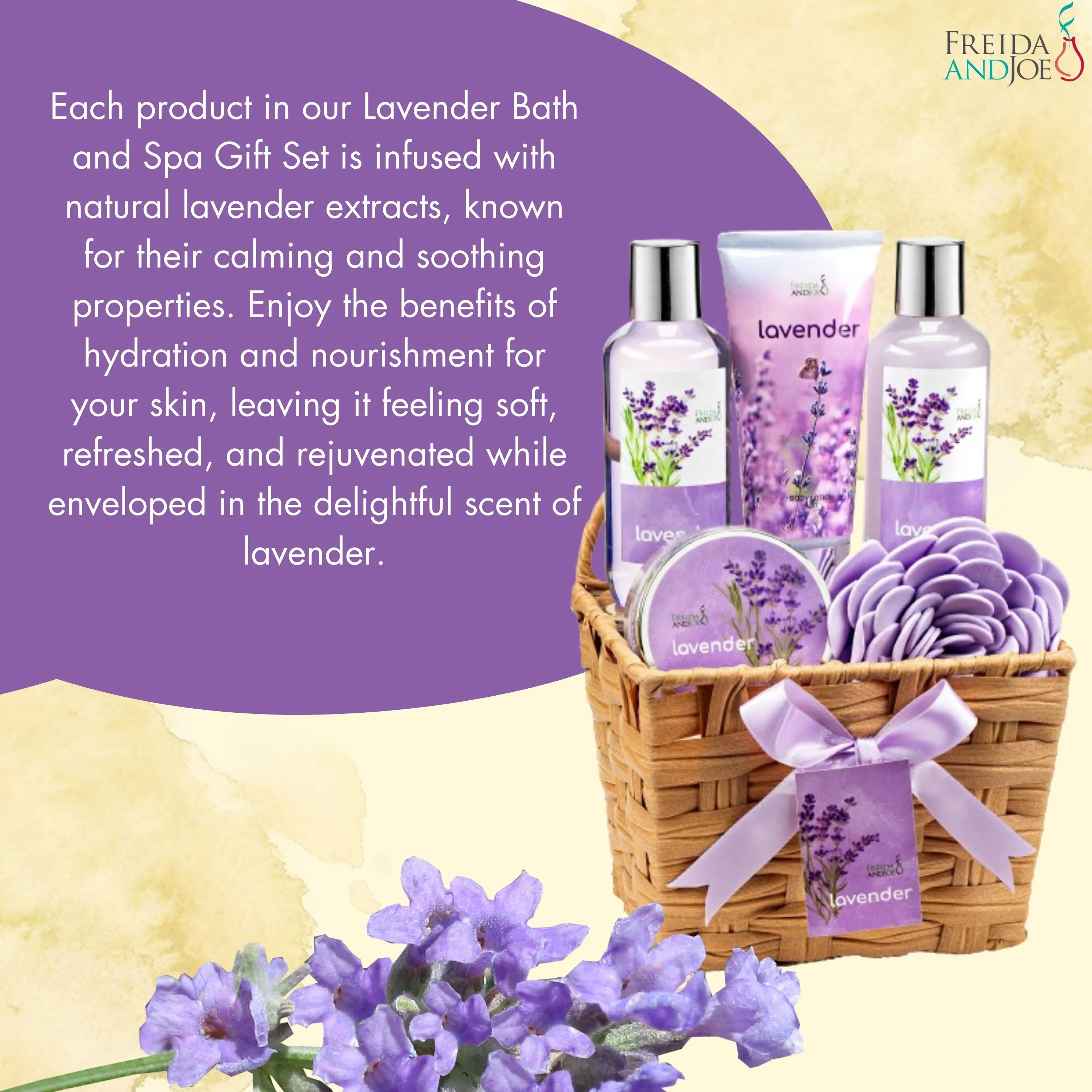 Lavender Bath and Body 6 Piece Gift Set in A Wicker Basket Calm & Relaxing Lavender Spa Gift Set for Women – Perfect Self-Care Gift for Holidays, Birthdays & Special Occasions