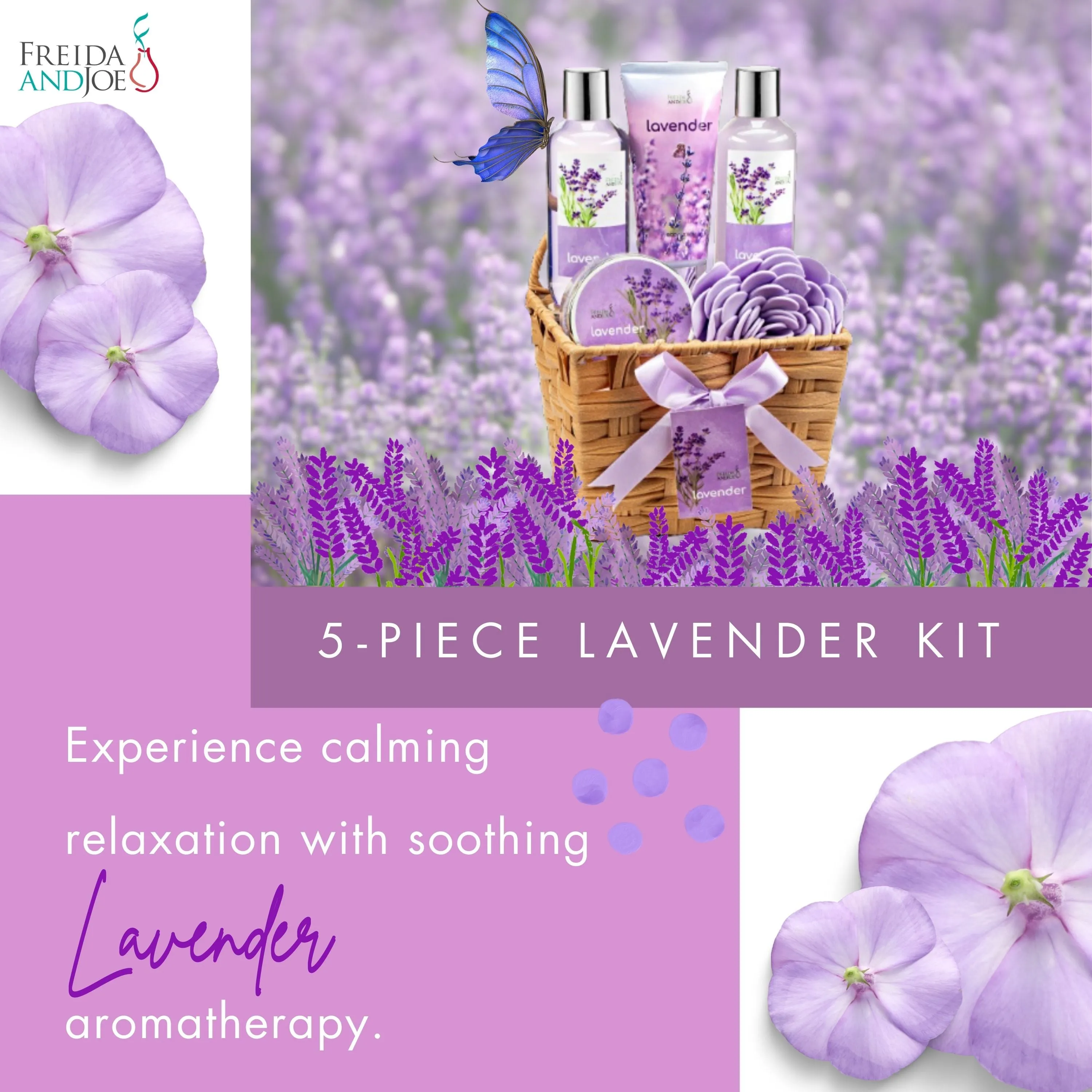 Lavender Bath and Body 6 Piece Gift Set in A Wicker Basket Calm & Relaxing Lavender Spa Gift Set for Women – Perfect Self-Care Gift for Holidays, Birthdays & Special Occasions