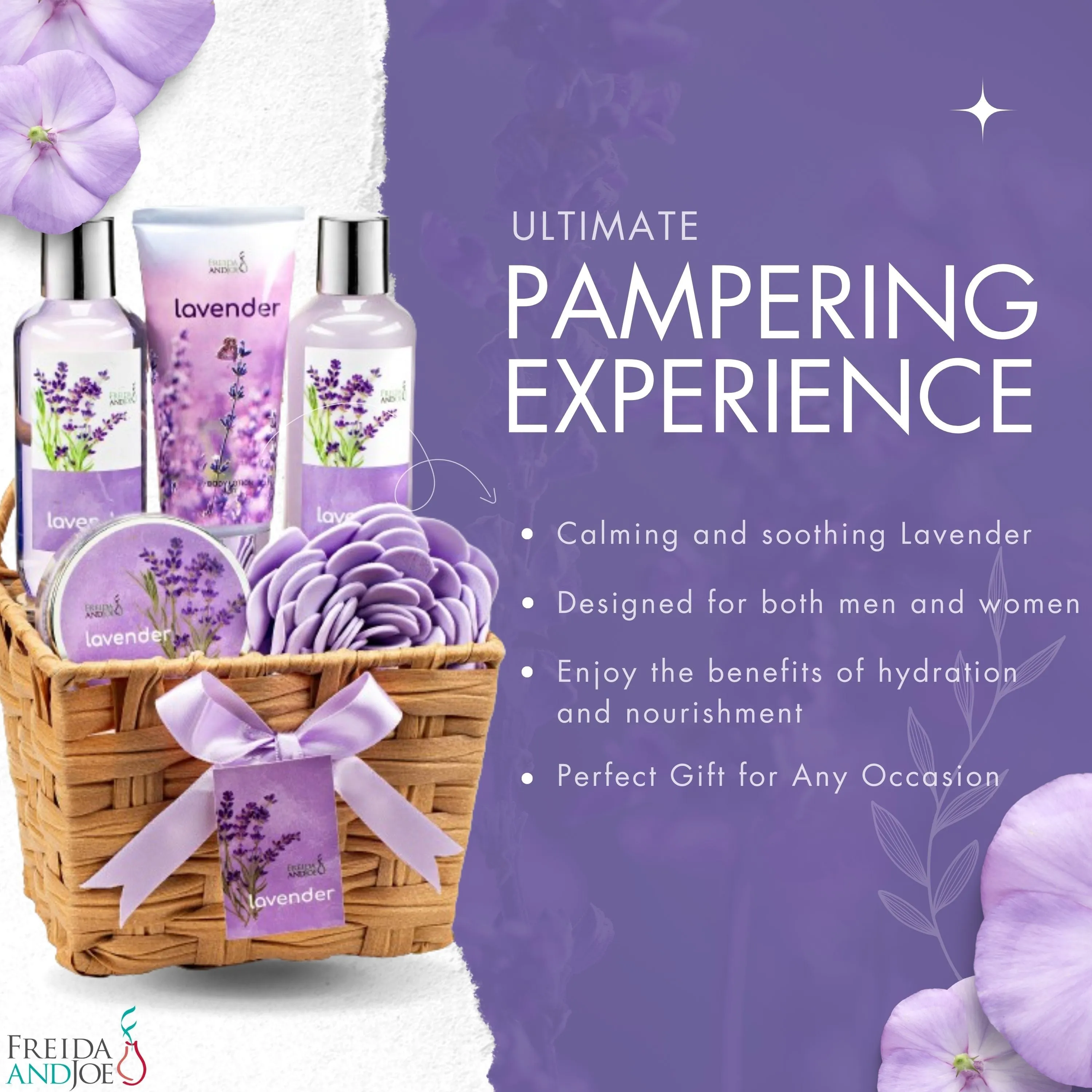 Lavender Bath and Body 6 Piece Gift Set in A Wicker Basket Calm & Relaxing Lavender Spa Gift Set for Women – Perfect Self-Care Gift for Holidays, Birthdays & Special Occasions