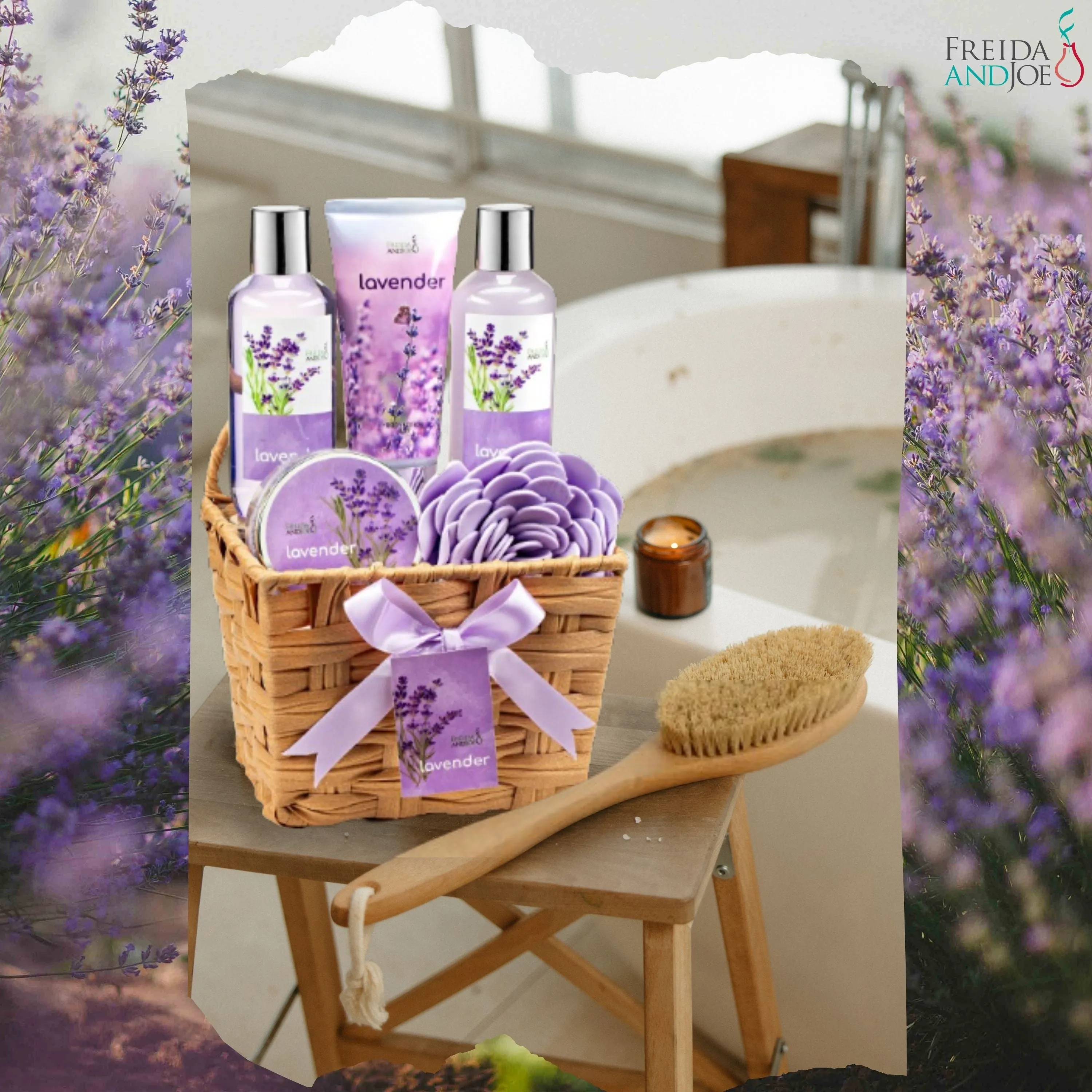 Lavender Bath and Body 6 Piece Gift Set in A Wicker Basket Calm & Relaxing Lavender Spa Gift Set for Women – Perfect Self-Care Gift for Holidays, Birthdays & Special Occasions