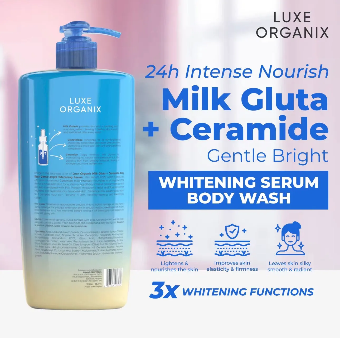 Luxe Organix - Milk Gluta   Ceramide Gentle Bright Serum Perfume Infused Body Wash 1000g ( BLUE )