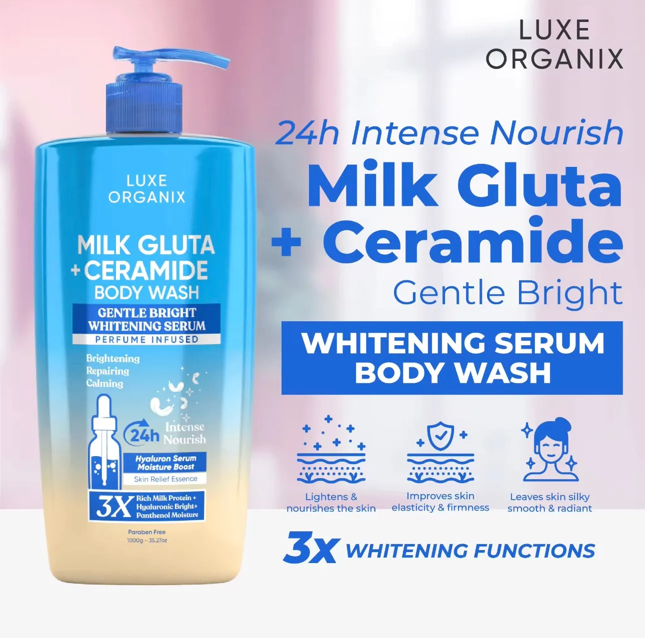 Luxe Organix - Milk Gluta   Ceramide Gentle Bright Serum Perfume Infused Body Wash 1000g ( BLUE )