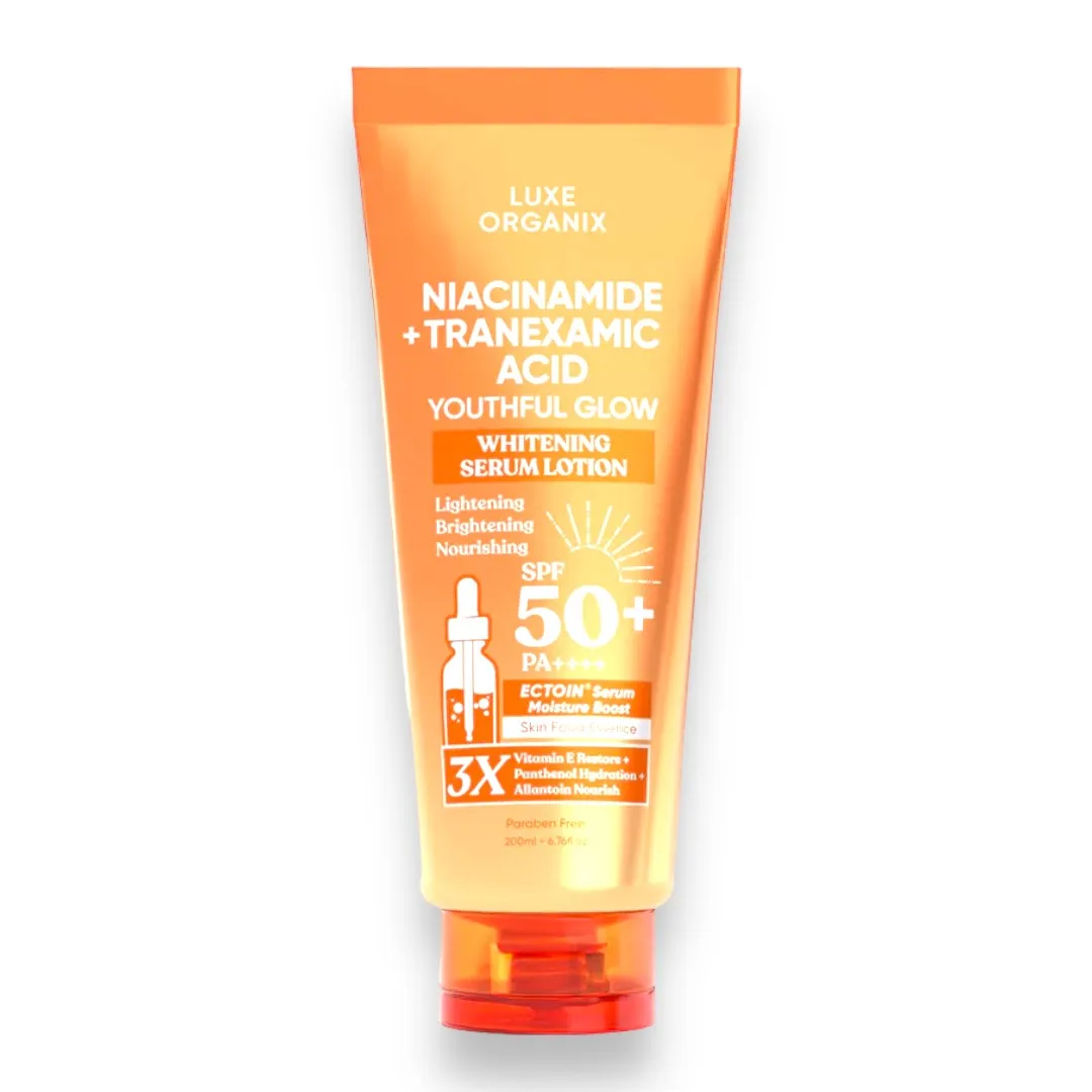 Luxe Organix - Niacinamide   “ TRANEXAMIC ACID “ Youthful Glow Whitening Serum Lotion SPF50 PA     200ml - ( ORANGE )