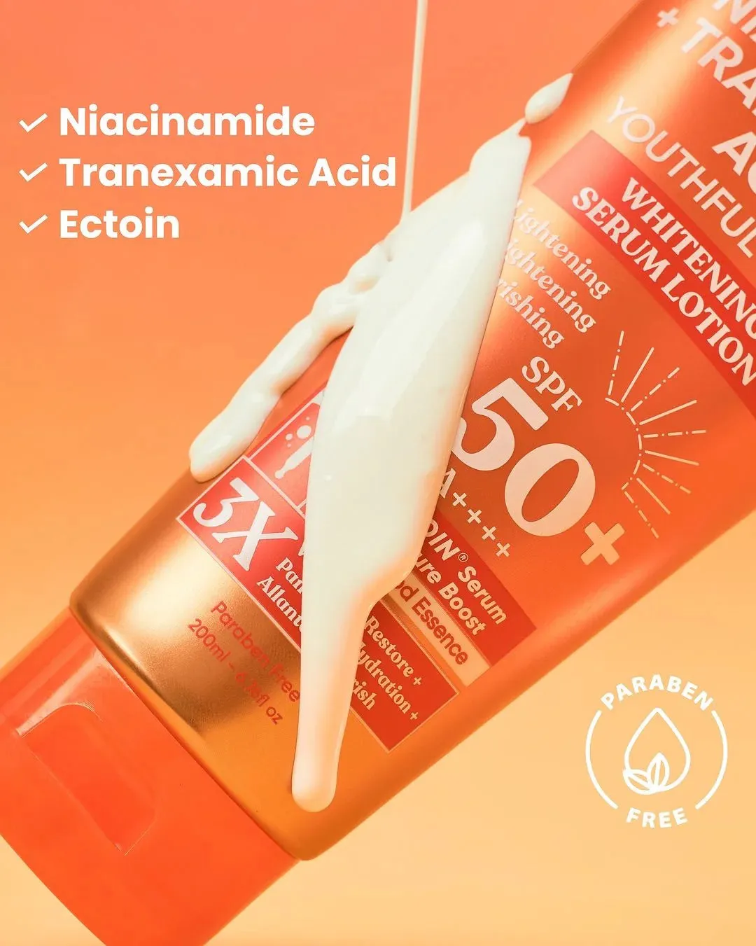 Luxe Organix - Niacinamide   “ TRANEXAMIC ACID “ Youthful Glow Whitening Serum Lotion SPF50 PA     200ml - ( ORANGE )