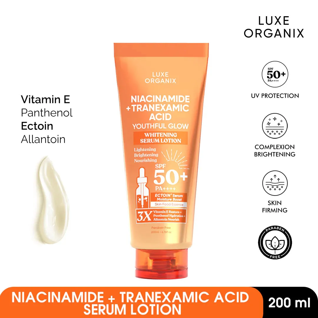 Luxe Organix - Niacinamide   “ TRANEXAMIC ACID “ Youthful Glow Whitening Serum Lotion SPF50 PA     200ml - ( ORANGE )