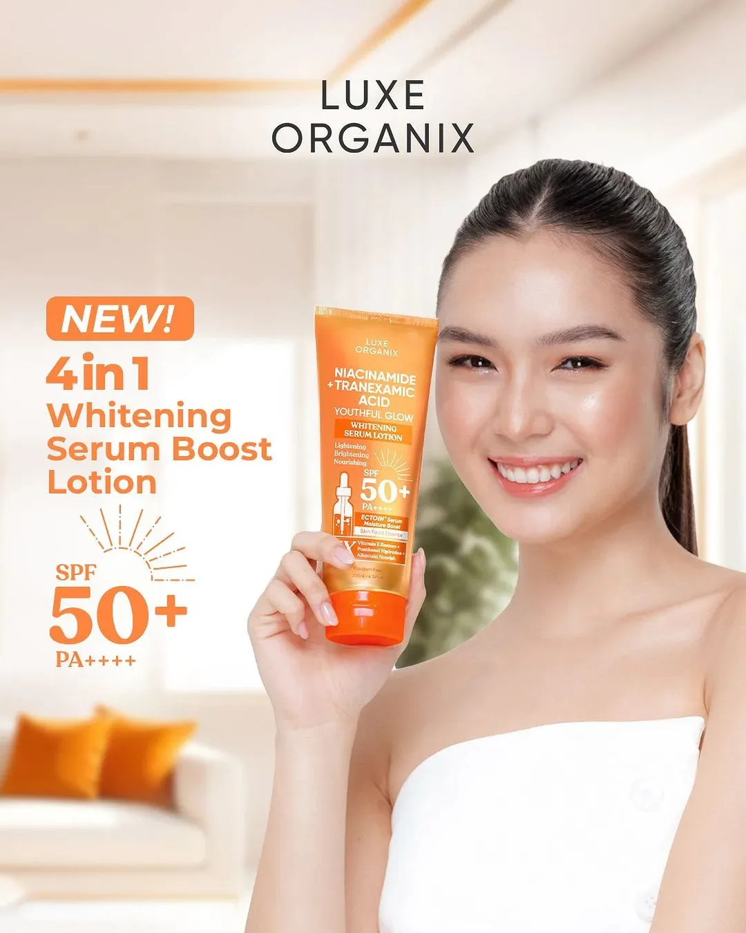 Luxe Organix - Niacinamide   “ TRANEXAMIC ACID “ Youthful Glow Whitening Serum Lotion SPF50 PA     200ml - ( ORANGE )