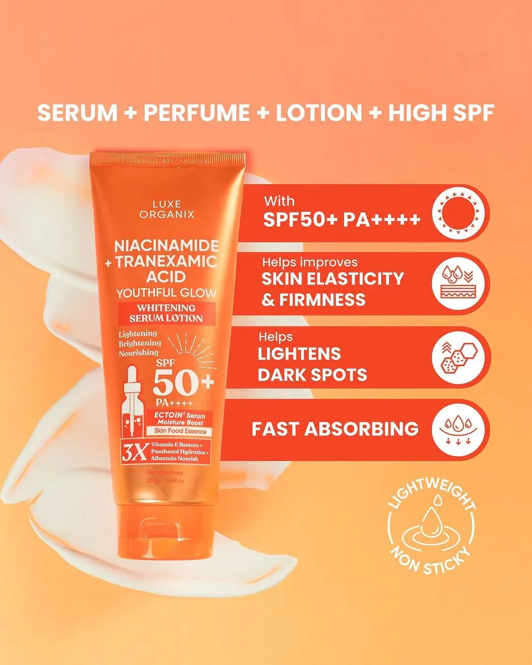 Luxe Organix - Niacinamide   “ TRANEXAMIC ACID “ Youthful Glow Whitening Serum Lotion SPF50 PA     200ml - ( ORANGE )
