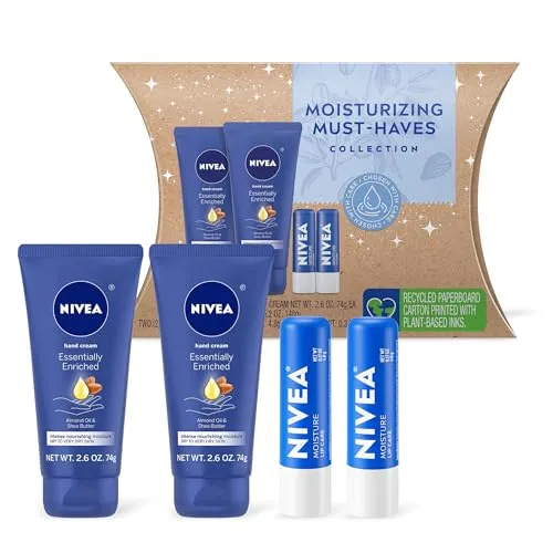 NIVEA Moisturizing Must-Haves Skin Care Set, Essentially Enriched Hand Cream with Almond Oil and Shea Butter, 2.6 Oz Tube (Pack of 2)   Moisture Lip Care Lip Balm, 0.17 Oz Stick (Pack of 2)