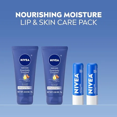 NIVEA Moisturizing Must-Haves Skin Care Set, Essentially Enriched Hand Cream with Almond Oil and Shea Butter, 2.6 Oz Tube (Pack of 2)   Moisture Lip Care Lip Balm, 0.17 Oz Stick (Pack of 2)